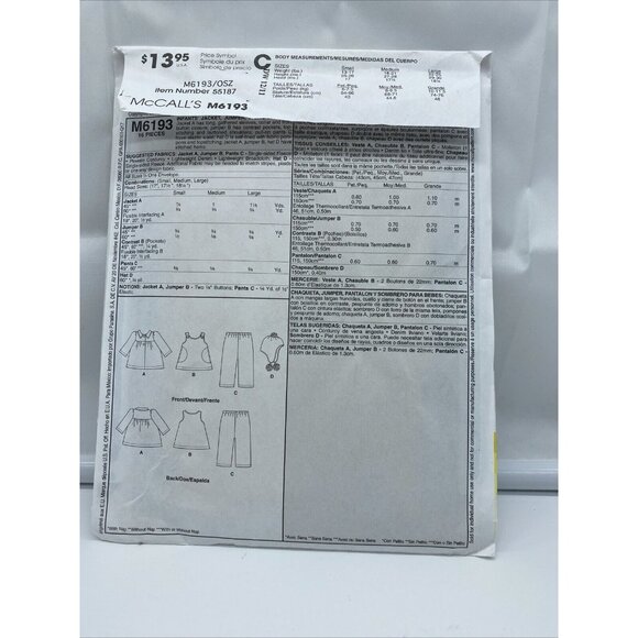 McCalls M6193 Size S M L Jacket Jumper Pant Hat Infant Girl Cut Sewing Pattern - Picture 2 of 6